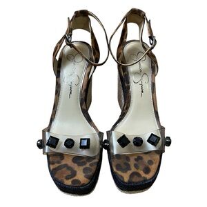 Jessica Simpson Leopard Espadrille Wedge Sandals Clear Strap Gem Studs Size 7